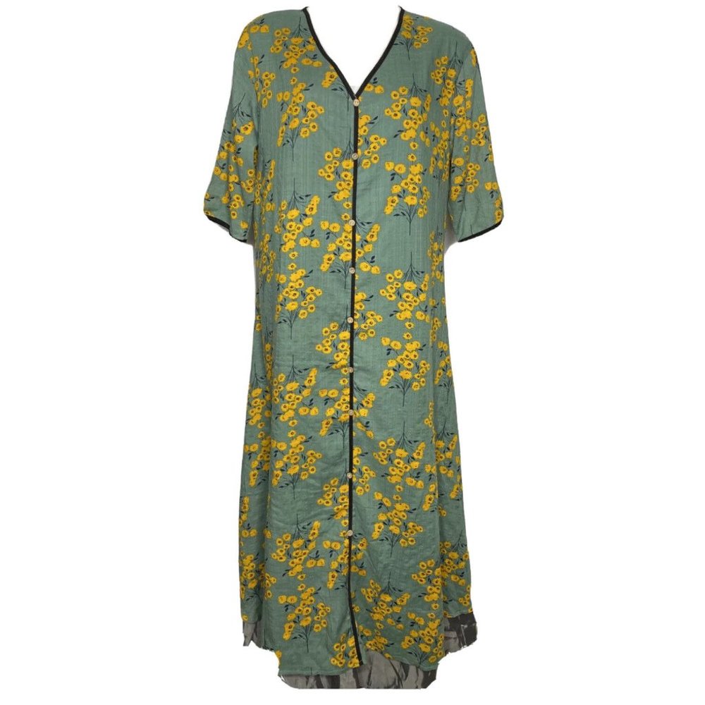 Green Floral Dress Long Buttons Peek A Boo Gray Ruffle Hem  XL Casual New‎